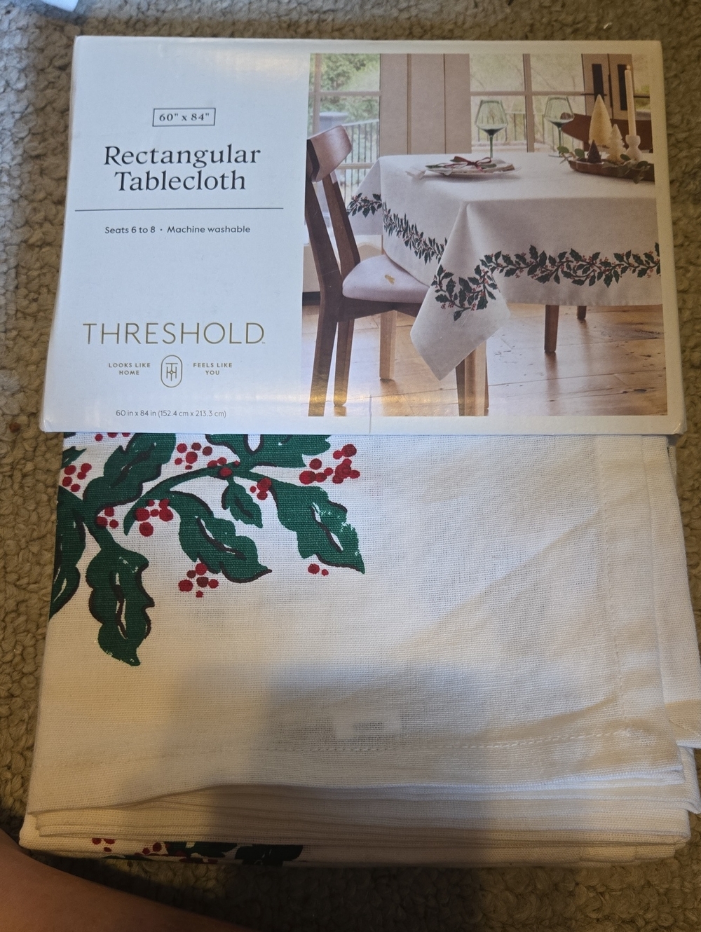 Threshold White Rectangular Tablecloth with Green Holly and Red Berry Border 933